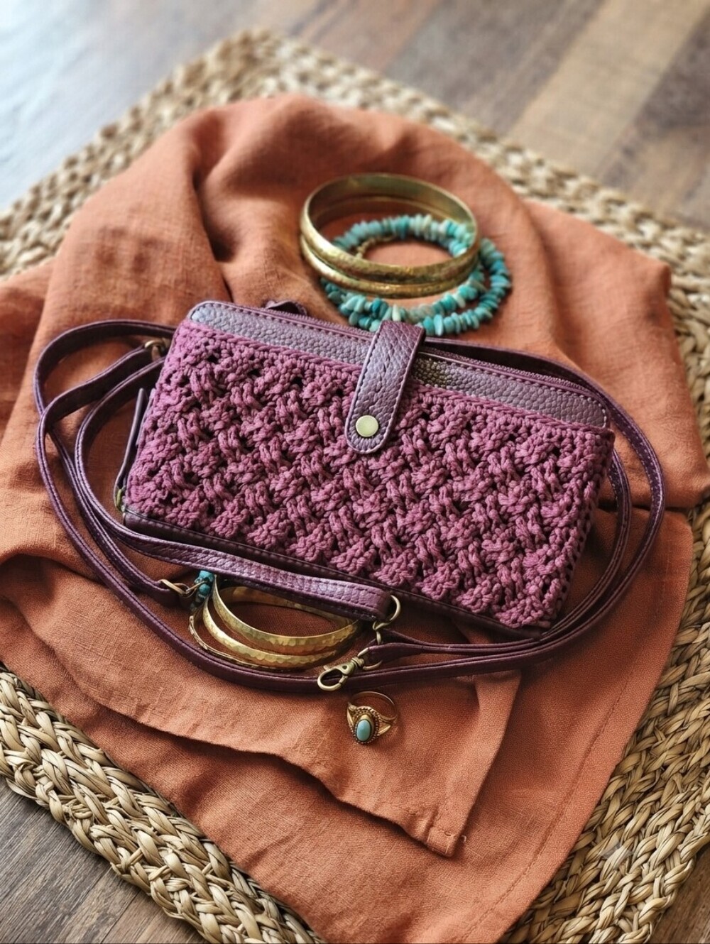The Sak Maroon Crochet Crossbody Wristlet Wallet